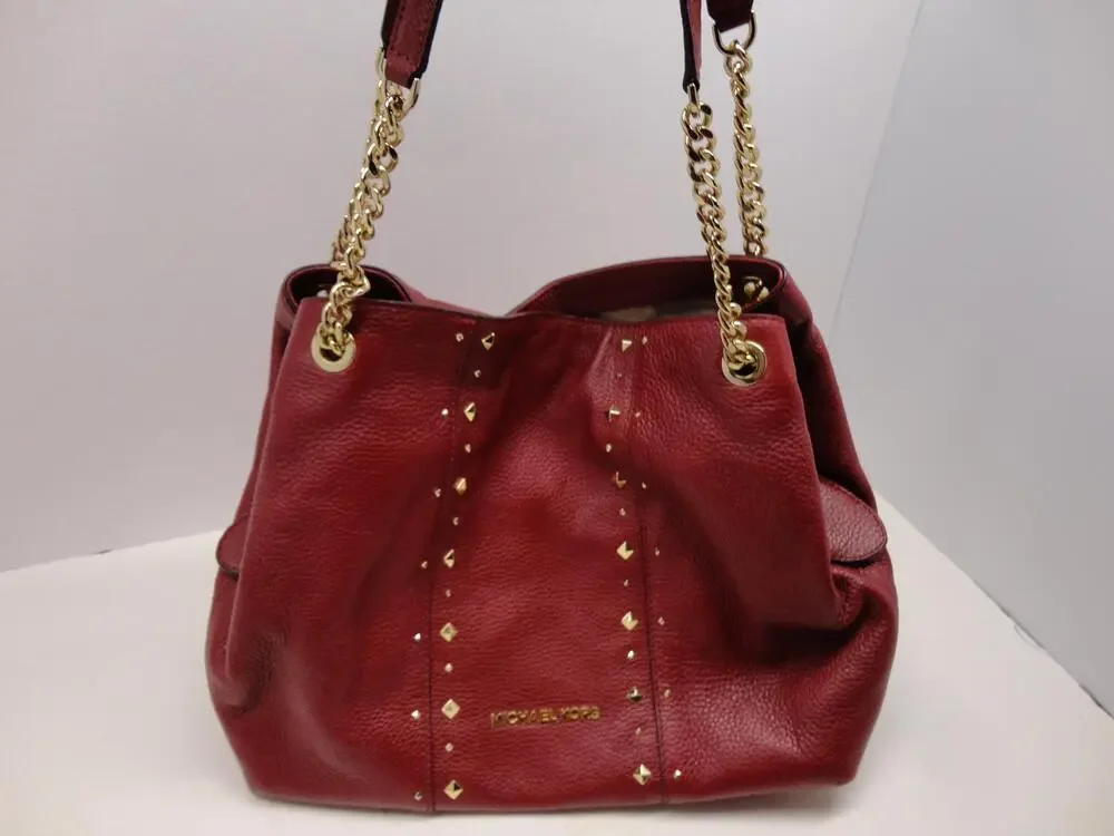 Michael Kors Shoulder Bag Womens Large Red Leather Studded Chain Purse Gold